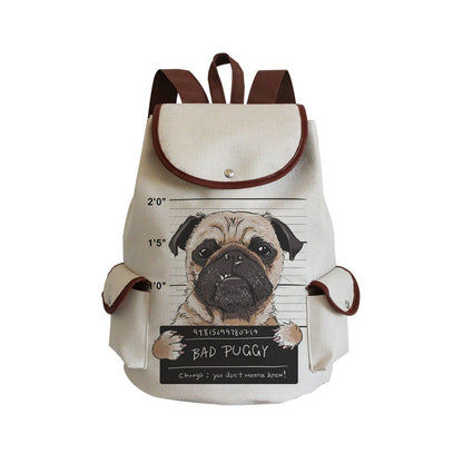 Dog Paw Print Backpack Drawstring Bags Linen Students Portable Cute Pug Printed