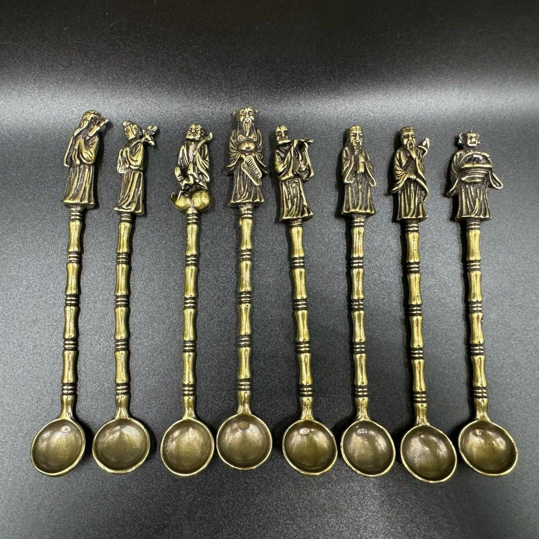 Brass Eight Immortals Spoon Set 8pcs 95g Mini Chinese Medicine Spoon Decor