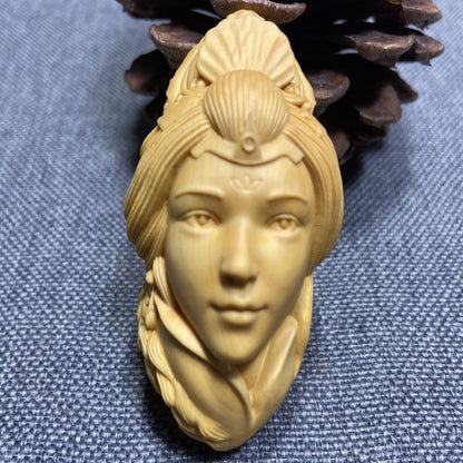 Natural Boxwood Carved Chinese Beauty Girl Statue Pendant