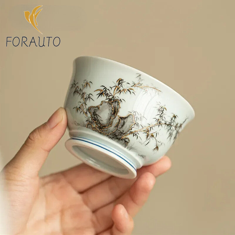 1-Piece Chinese Blue and White Ceramic Teacup Handmade Landscape Bamboo Leaf Teacup -