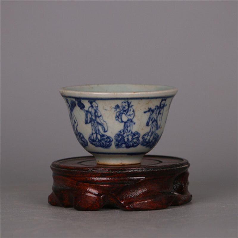 70ml Chinese Antique Ming Blue White Porcelain Eight Immortals Pattern Teacup