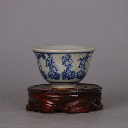 70ml Chinese Antique Ming Blue White Porcelain Eight Immortals Pattern Teacup