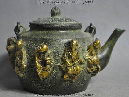 6" china bronze gilt Pat Sin Eight Immortals God statue Kettle Teapot Tea maker