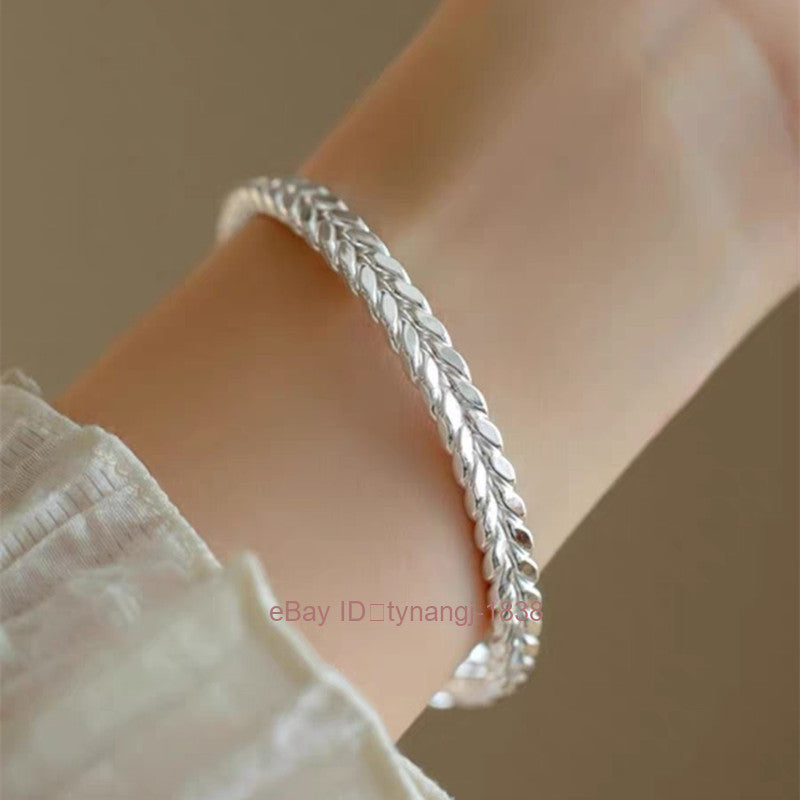 Silver Plated Wheat Ear Bracelet for Women Safety Solid Smooth Surface Bracelet