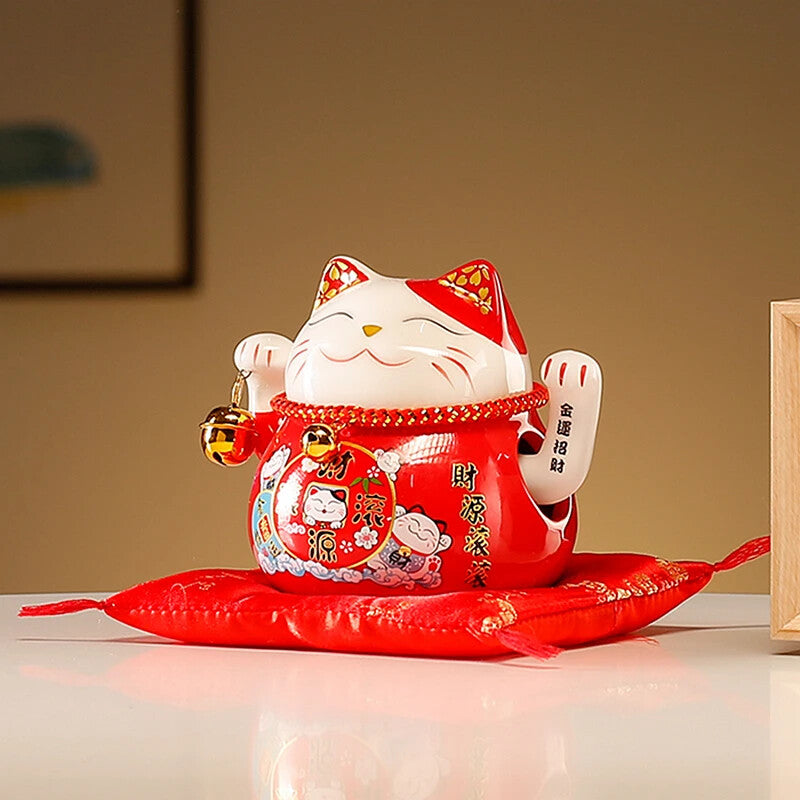 4.5 Inch Ceramic Beckoning Lucky Cat Battery Powered Fortune Cat Waving Arm