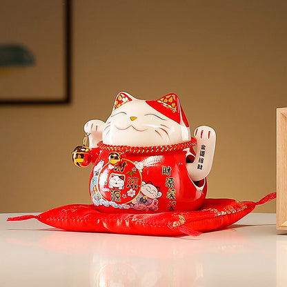4.5 Inch Ceramic Beckoning Lucky Cat Battery Powered Fortune Cat Waving Arm