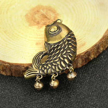 Brass Keychain Pendant Small Copper Fish with Bells Pendant Chinese Antique -