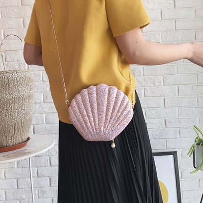 Women Girls Little Mermaid Seashell Purse -Body Shoulder Bags Sequins Chain Puf