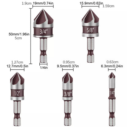5-Flute Chamfer Drill Bits Set, Cobalt M35 HSS 82° with 1/4"-3/4" Sizes