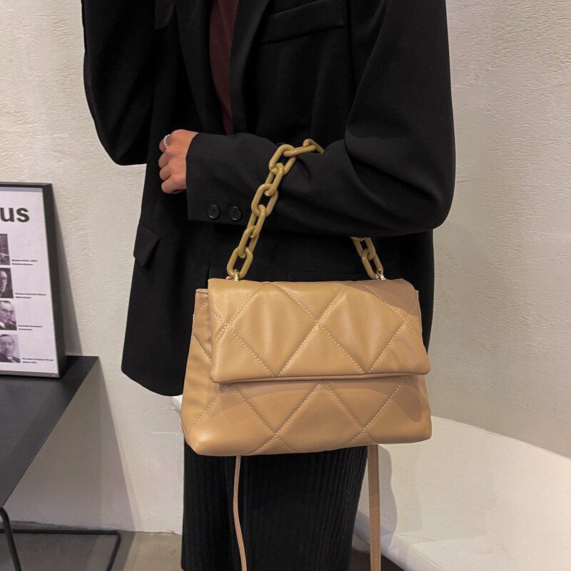 Leather Crossbody Bag Women Embroidery Thread Flap Chain Shoulder Handbags Purse