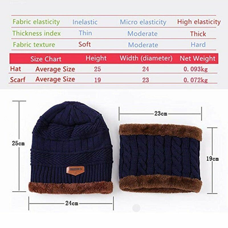 Winter Beanie Hat Scarf Set Soft Fleece Inner Lining Stretchy Knit Cap Elastic