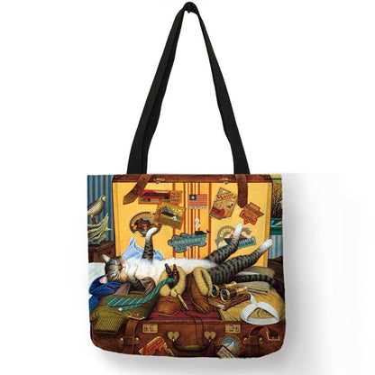 Cat Print Tote Bag Linen Reusable Shopping Bag Oil Painting Shoulder Shopper Bag