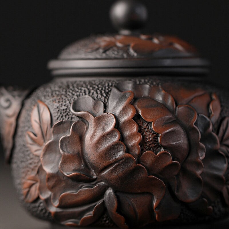 Handmade Carve Peony Flower Blossom Embossed Purple Pottery Tea Pot Marked 6.8oz