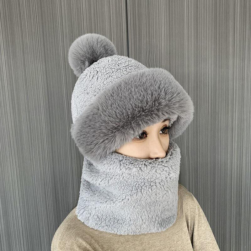 Women Warm Plush Velvet Hats Hooded Thick Scarf Caps Neck Warmer Pullovers Hat