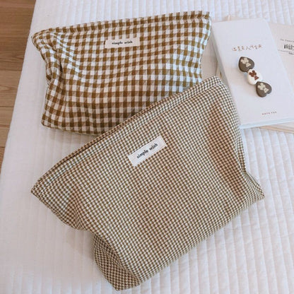 Makeup Cosmetic Bag Cotton Plaid Organizer Large Beauty Brushes Storage Case 1PC