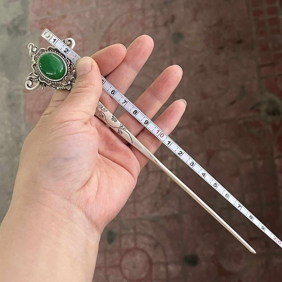 Miaosilver Hairpin Vintage Green Gem Hair Stick Antique Tassel Hair Jewelry