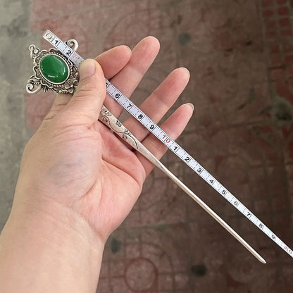 Miaosilver Hairpin Vintage Green Gem Hair Stick Antique Tassel Hair Jewelry