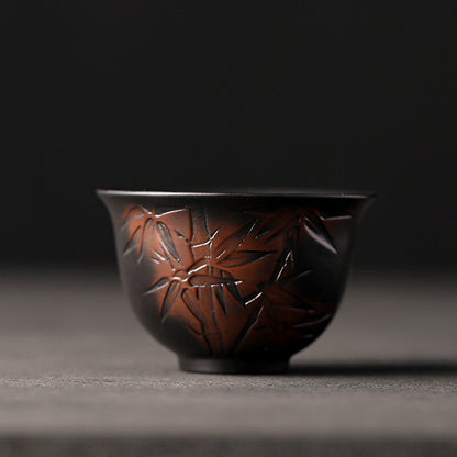 3.4oz Purple Pottery One Tea Cup Plum Orchid Bamboo Mum Carved Personal Cup New