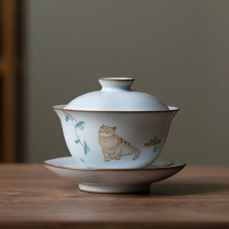 160ml Traditional Ceramic Tureen Bowl Handmade Cat Pattern Gaiwan Cup Tea Set