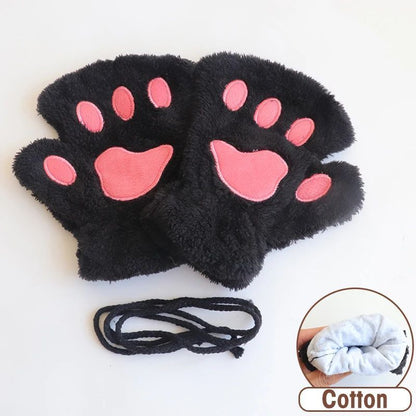Women Fingerless Gloves Plush Fluffy Cat Paw Claw Panda Mittens Warm Winter Wear