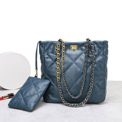 Quilted Sheepskin Leather Tote Shoulder Bag Purse Chain Handles Handbag Fashion-