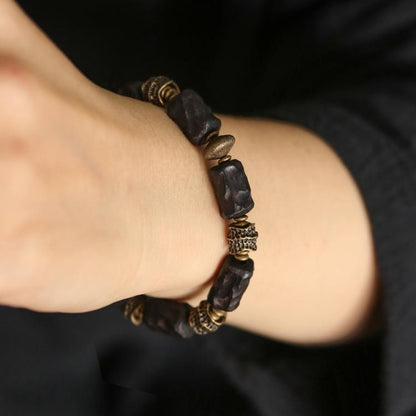 Retro Chinese Style Black Wood Bracelet | Brass Accent Handmade Beaded Bracelet