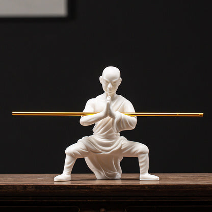 Porcelain Monk Statue Chinese Kungfu Posture Shaolin Monk Boy With Bar Tea Pet