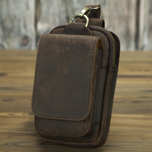 Crazy Horse Leather Men's Design Small Waist Bag Fashion Hook Fanny Belt Pack