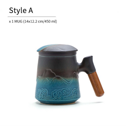 Ceramic Tea Mug with Strainer Mountain and Waves Tea Cup 450ml
