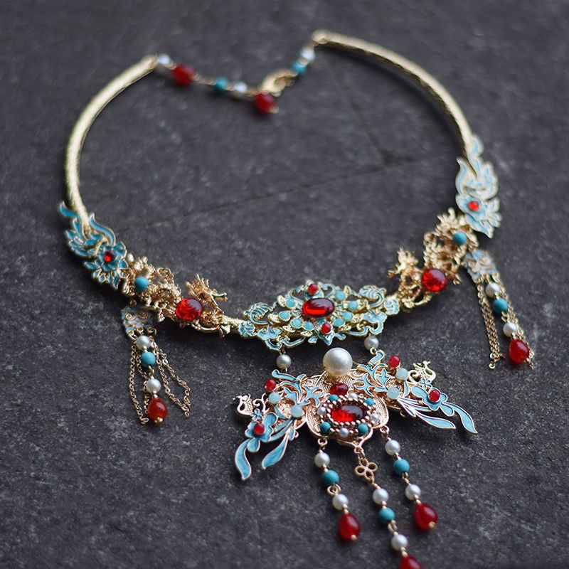 Chinese Hanfu Cloisonne Necklace Vintage Yingluo Collar Winter Choker