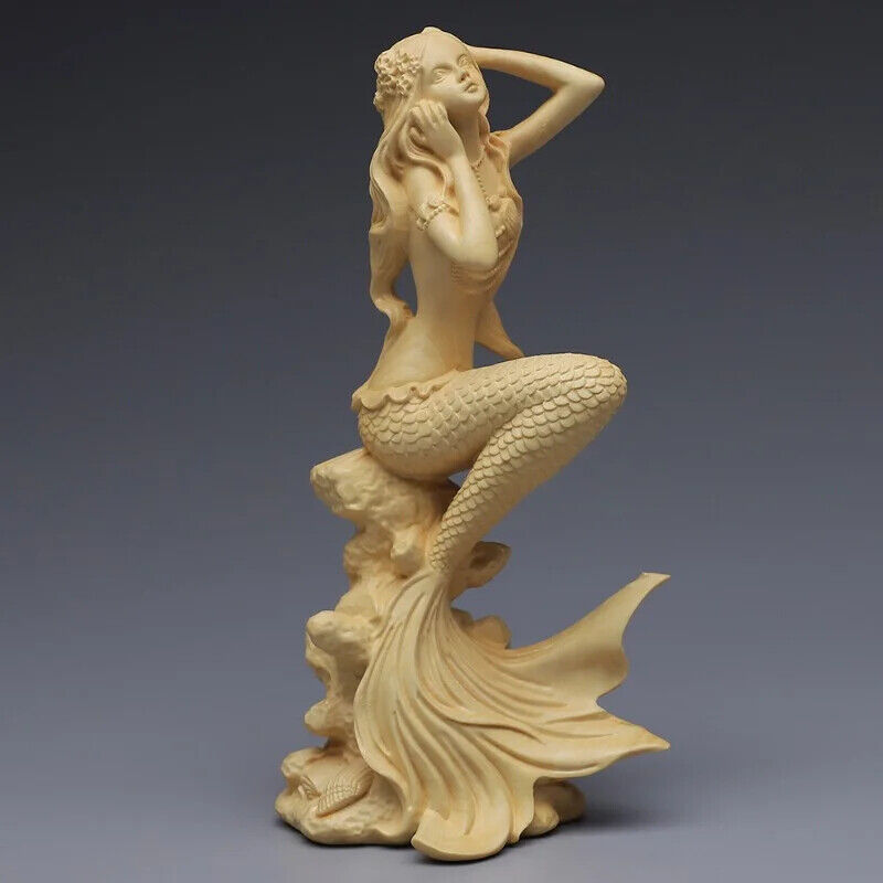 Huangyang Carved Mermaid Solid Wood Carved Crafts Office Beauty Figure statues
