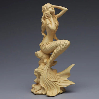 Huangyang Carved Mermaid Solid Wood Carved Crafts Office Beauty Figure statues