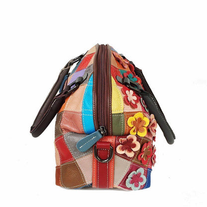 Real Leather Flower Shell Bag Handmade Patchwork Genuine Leather Messenger Shell