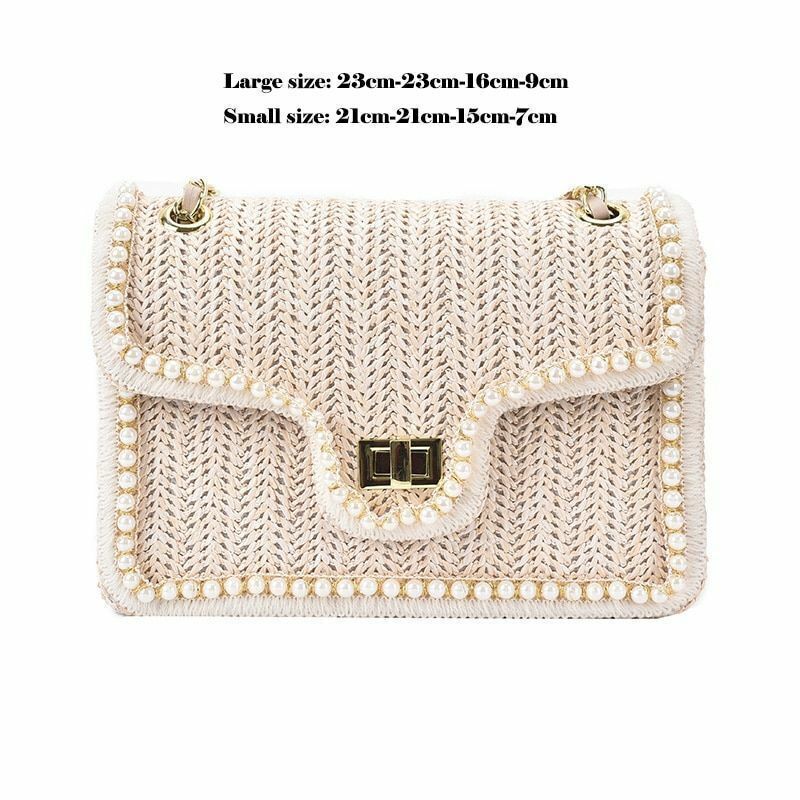 Women Bag Chain Straw Summer Pearl Hand Woven Straw Shoulder Bags Small Square