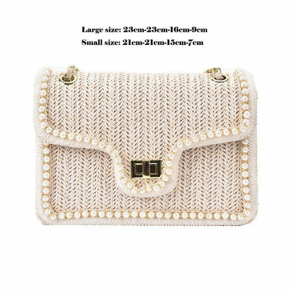 Women Bag Chain Straw Summer Pearl Hand Woven Straw Shoulder Bags Small Square