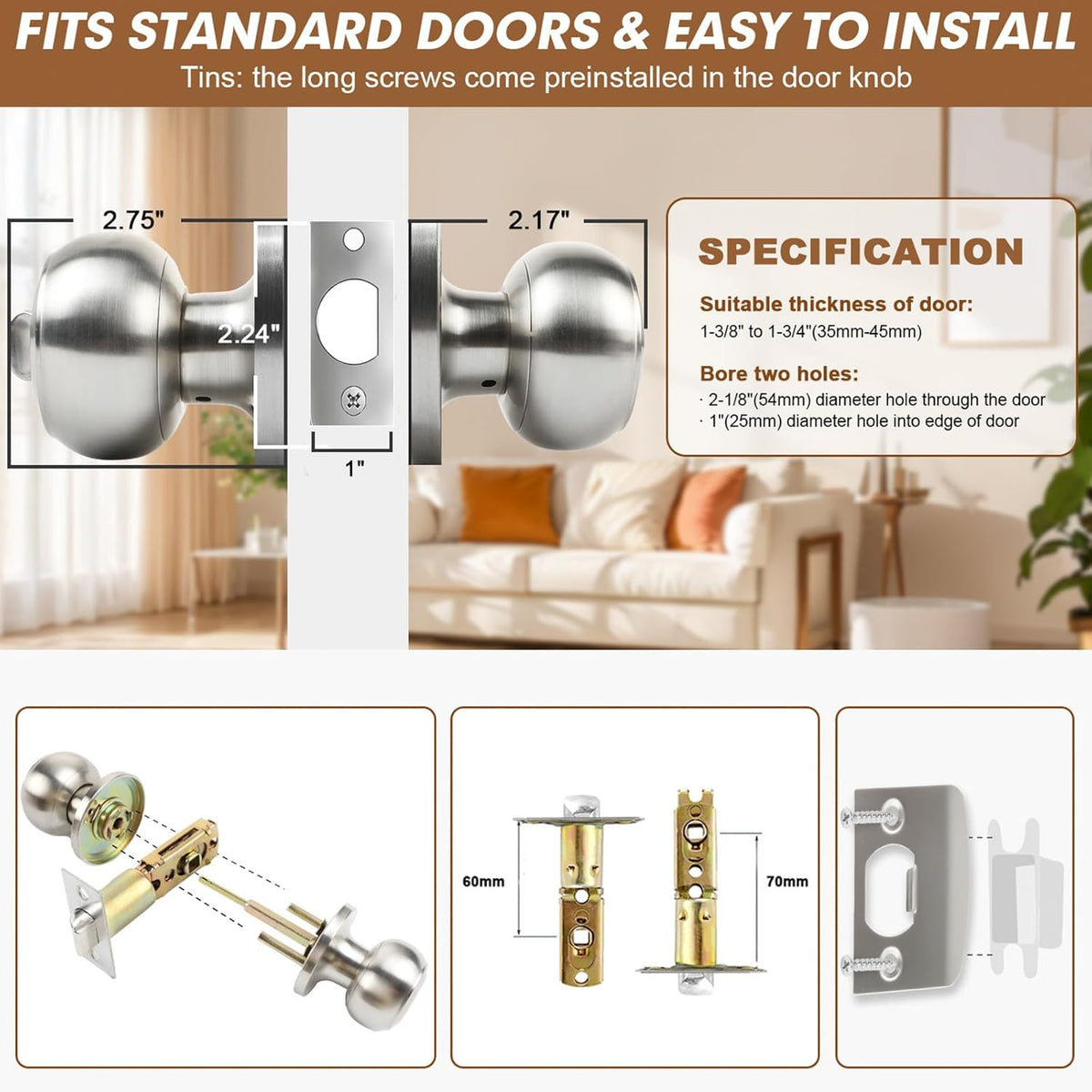 Privacy Door Knobs, 5 Pack Satin Nickel Door Knobs with Lock, Bed and Bath Door