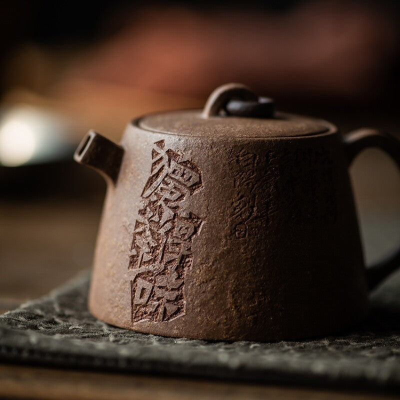 Traditional Craft Full Handmade Tea Pot Chinese Character Carve Yixing Zisha Pot