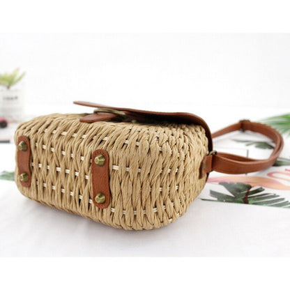 Vintage Straw Bag Crossbody Beach Purse Casual Weaving Rattan Handbag Polyester