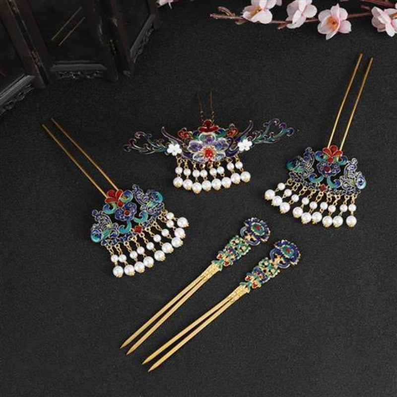 Chinese Hanfu Cloisonne Enamel Pearl Tassel 5pcs Hair Accessories Set