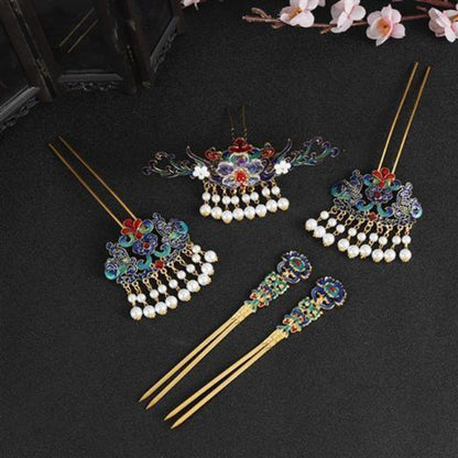 Chinese Hanfu Cloisonne Enamel Pearl Tassel 5pcs Hair Accessories Set