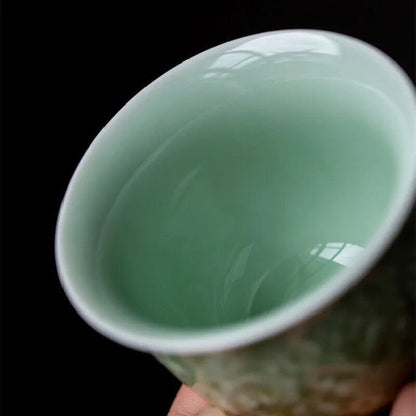 Retro Chinese Style Celadon Carved Flower Relief Ceramic Tea Tureen Gaiwan