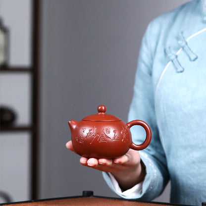 True Yixing Zisha Dahongpao Clay Tea Pot Chinese Character Carved Handmade Xishi
