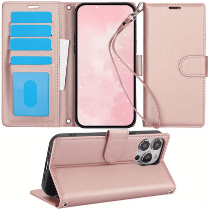 For iPhone 16/15/14/13/12/11 Pro Max Case Card Holder Wrist Strap Wallet Cover