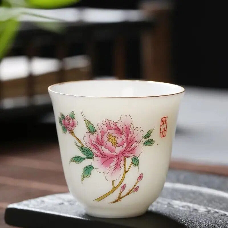 2.08" Chinese Ceramic Teacup Travel Meditation Hand Painted Lotus Leaf Tea Bowl