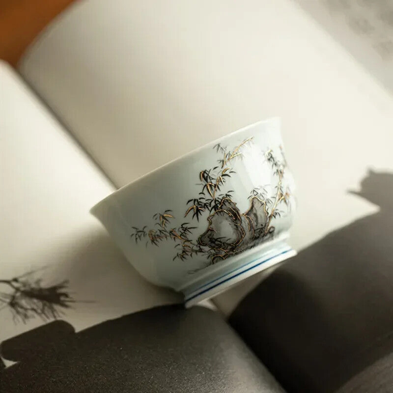 1-Piece Chinese Blue and White Ceramic Teacup Handmade Landscape Bamboo Leaf Teacup -