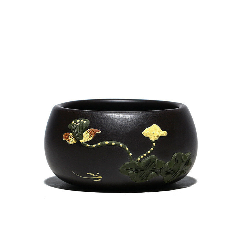 Chinese Real Yixing Zisha Black Clay Tea Cup Handmade Floral Relief Master Cups