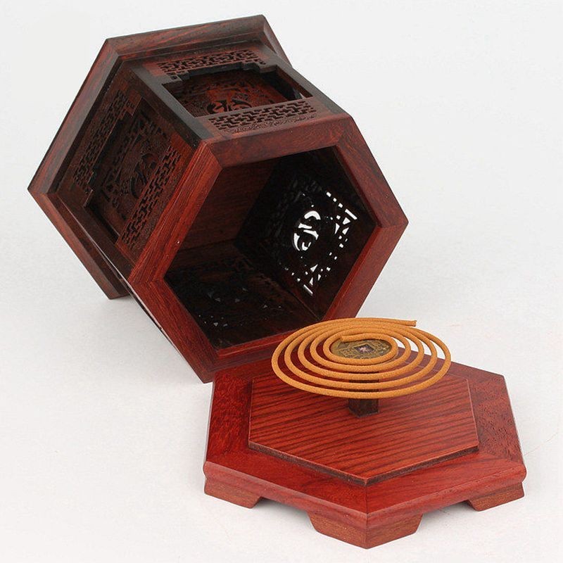 Red Rosewood Hexagonal Hollow Incense Box Double Layer Incense Holder Home Decor