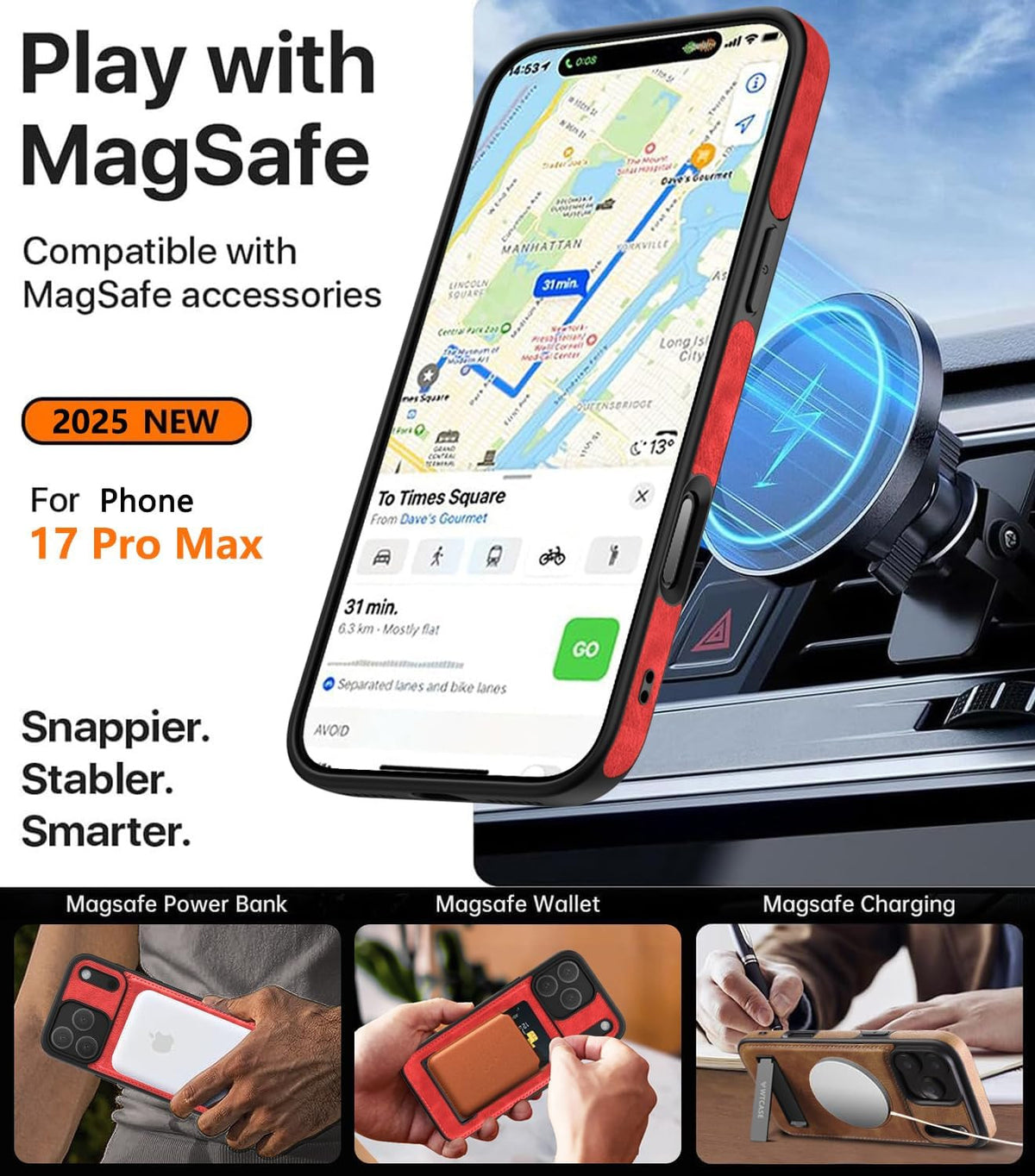 Magnetic for Iphone 17 Pro Leather Case,Built-In Invisible Stand [Compatible wit