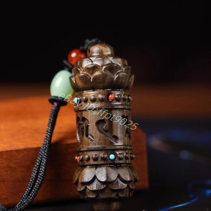 China Tibetan Natural Wood Carving Buddhism Blessing Om mani padme hum Necklace