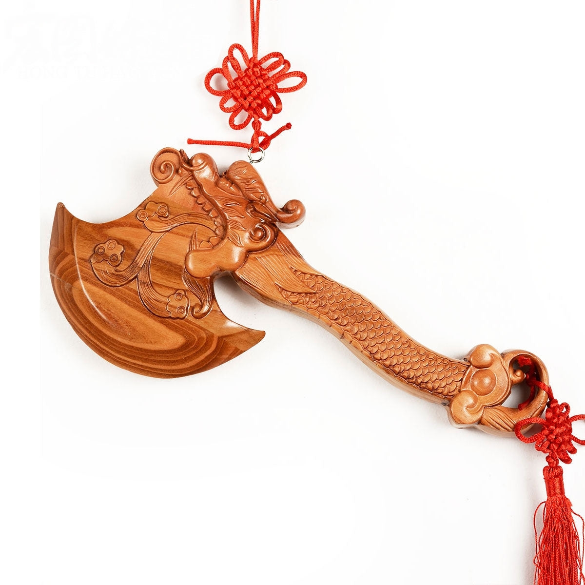 Chinese Lucky Evil Dispel Decoration Axe Feng Shui Peach Wood Carved Amulet